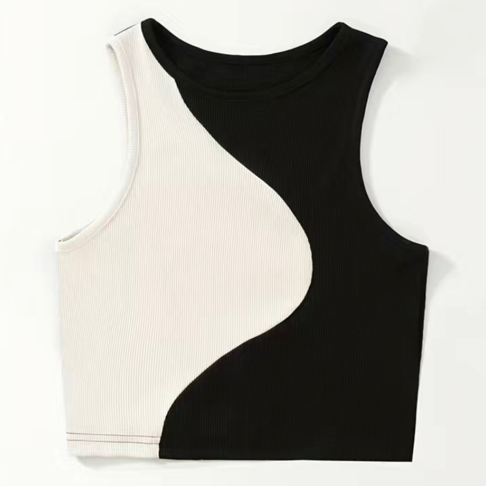 Yin & Yang Black & White 2 Tone Color Block Rib Knit Crop Top - Picture 2 of 7